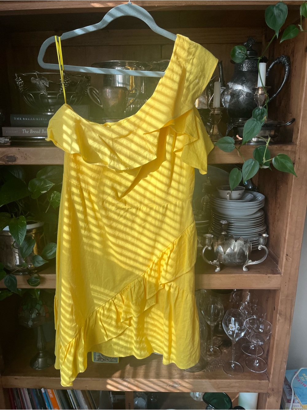 Bright Yellow Linen One-Shoulder Ruffle Dress